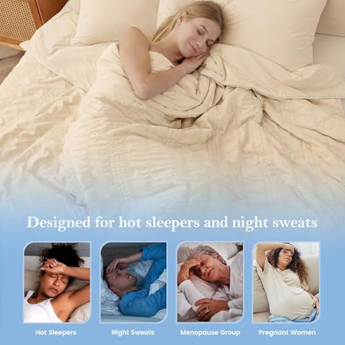 Queen Size Cooling Comforter - Khaki Seersucker Bed Bedding for Hot Sleepers