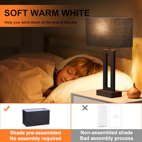 Seealle Medium Set of 2 Nightstand Table Lamps with USB-C & A, 3-Way Dimmable, Black, 19.6in