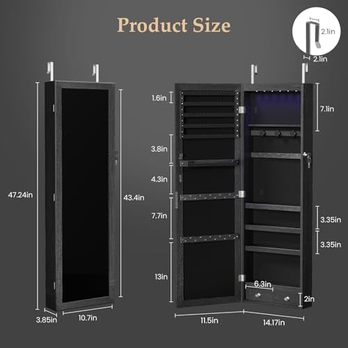 Hanging Jewelry Armoire Cabinet with Mirror & LED Lighting - 47.2 Inch