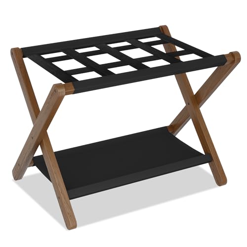 Heybly Walnut Folding Luggage Rack with Storage Shelf - Hotel Style Suitcase Stand