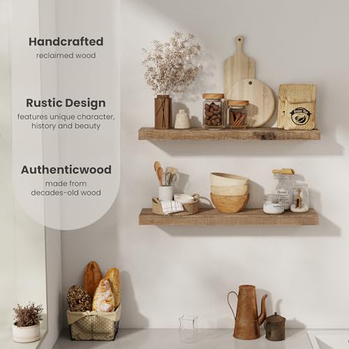 Floating Shelves Set of 2 - Rustic Reclaimed Wood Wall Storage with Heavy-Duty Invisible Brackets - 30 Inch Natural Distressed