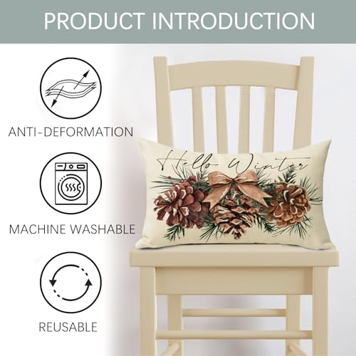 Hello Winter Pine Cone Lumbar Decorative Throw Pillow Cover 12 x 20, Rectangular Pine Needle Bow Outdoor Home Decor, Christmas Seasonal Red Berry Sofa Couch Cushion Case