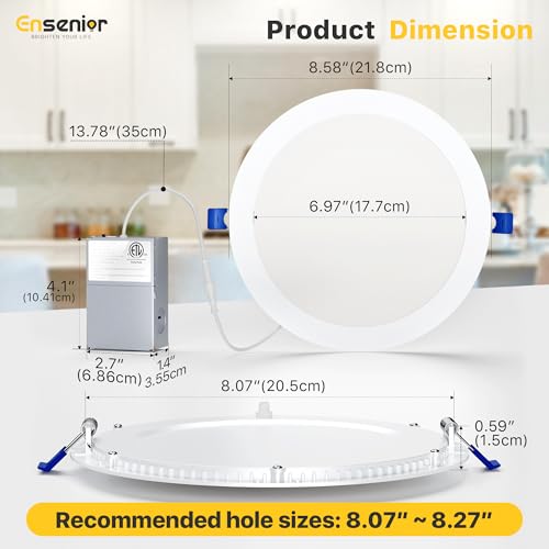 Ensenior 8 Inch Dimmable LED Recessed Light 5CCT Canless Wafer, 2700K-5000K