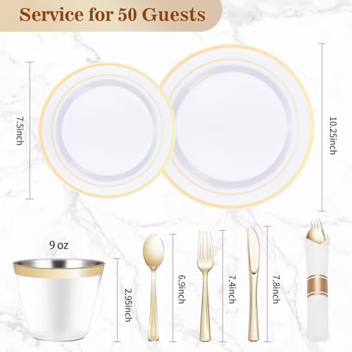 BESTVIP Gold Plastic Dinnerware Set for 50 Guests - Plates, Silverware, Cups & Napkins