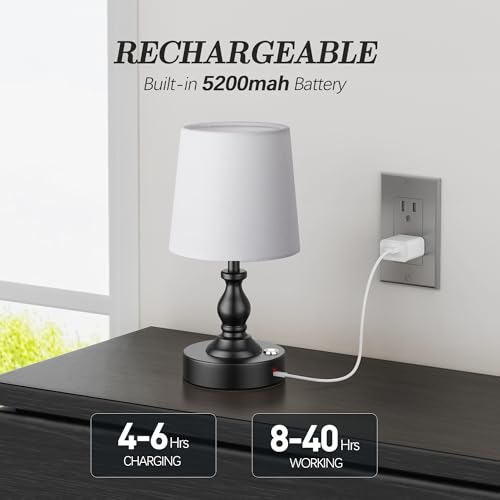 Mini Cordless LED Table Lamp - Rechargeable Battery, 3-Level Touch Dimmable, Bedside Night Light, Matte Black