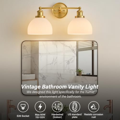 Vintage Milk Glass Bathroom Light Fixtures - Gold 2-Light Vanity Lamp - Anti-Rust Bathroom Wall Sconce - Easy Install