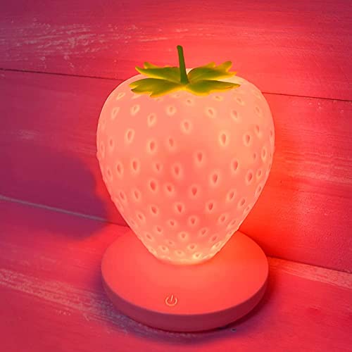 Strawberry Night Light, Cute Silicone Strawberry Lamp, Bedside Color Changing Lamp, LED Cute Night Light, 3 Modes Touch, for Birthday, Christmas (Pink)