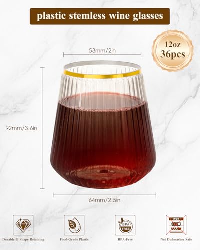 Clear & Gold 36 Pack 12oz Stemless Plastic Wine Glasses - Ribbed, BPA-Free Disposable