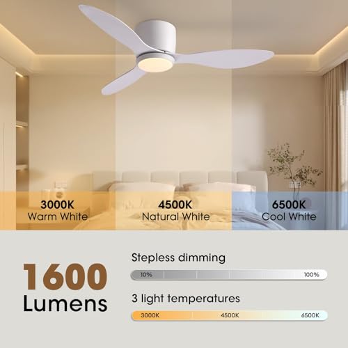 White 42 Inch Ceiling Fan with Lights, Remote & Wall Control, Dimmable, Low Profile Flush Mount