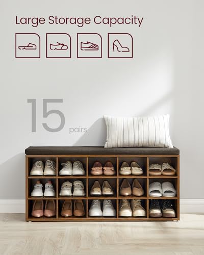 VASAGLE Rustic Brown & Chestnut Shoe Bench with 15 Cubbies & Removable Cushion