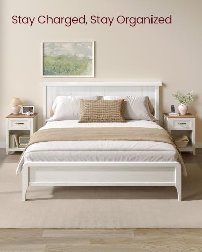 VASAGLE Farmhouse Nightstand with Charging Station - Rustic White + Honey Brown | 1 Drawer