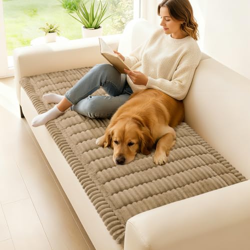 Hyha Washable Non-Slip Plush Flannel Couch Cover for Dogs, Khaki 27.6"x70.9"