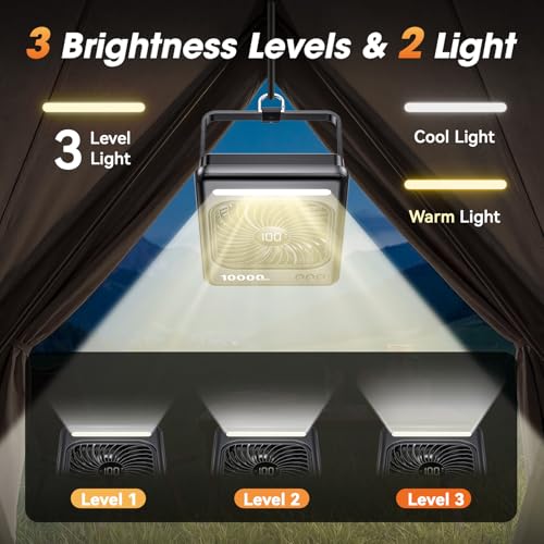 Portable Travel Fan with 10000mAh Power Bank and LED Lantern - Black