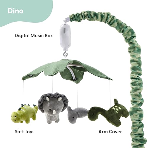 Musical Crib Mobile for Babies with Dino Safari Theme - Grey & Green Camo, 12 Lullabies