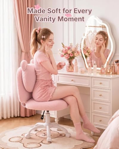 Pink Vanity Chair with Plush Teddy Fleece Bear Backrest - Movable Home Office Desk Seat