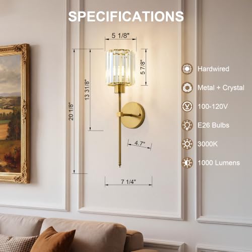 Brass Wall Sconce Set of 2 with Cylindrical Crystal Shade - Dimmable LED, 20.1 Inch