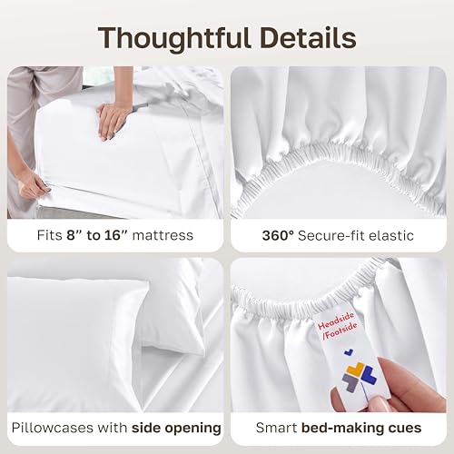 Queen Bed Sheets Set - White 4-Piece 100% Cotton Sateen, Deep Pockets