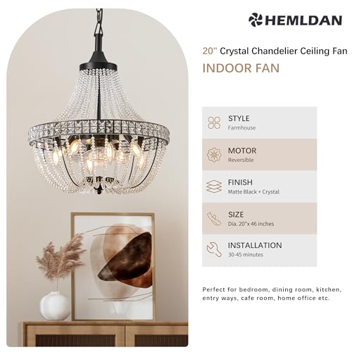 20-Inch Boho Ceiling Fan with Crystal Beads, Black Modern Decor