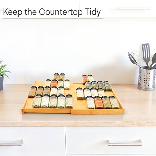 Natural Bamboo Spice Drawer Organizer - 4-Tier Expandable Kitchen Rack