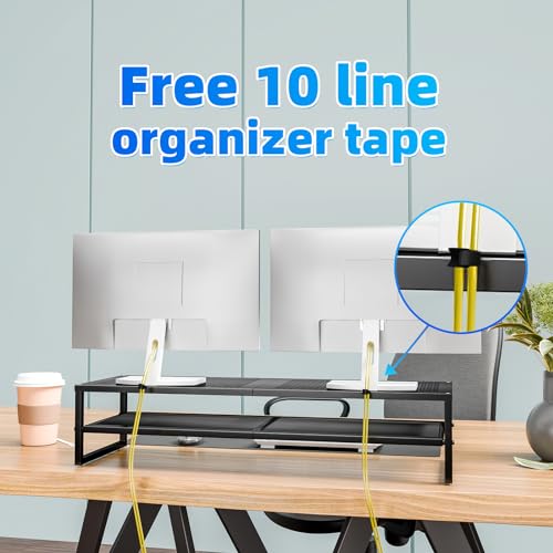 Dual Monitor Stand Riser with 32x10 Inch Mouse Pad, Black - Ergonomic & Sturdy
