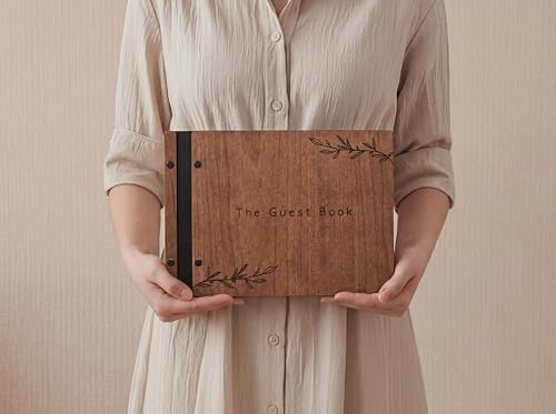 Wedding Guest Book with Signing Pen and Photo Slots - Cherry Wood Cover