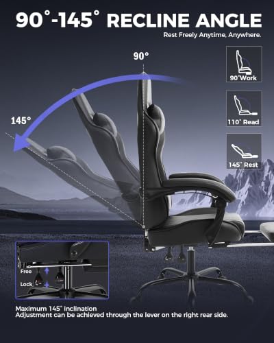Luckracer Gaming Chair with Footrest, Reclining 90-135°, Lumbar Support, Black