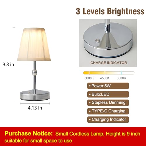 Mini Rechargeable Cordless LED Lamp 3 Color Dimmable Touch Light 9.8 Inch Chrome 2-Pack