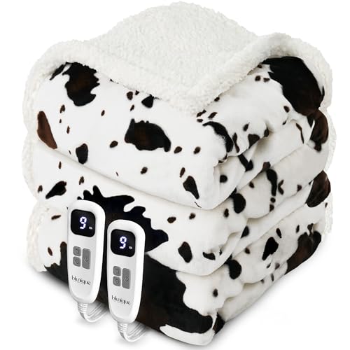 Electric Heated Blanket Queen with 10 Heat Settings & Cow Print, Fast Warm Throw - Black Ombre White, 84" x 90"