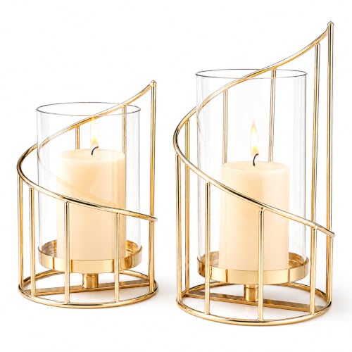 Wonder Decors 2 Pack Spiral Metal Candle Holders with Amber Glass Cylinders - Wedding & Home Decor