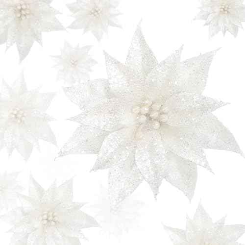 Sggvecsy 15 Pcs Christmas Glitter Flowers Christmas Tree Ornaments Shining Artificial Poinsettia Christmas Flowers Decoration with Clips for Xmas Holiday Wedding Wreath Party Floral Decorations(White)
