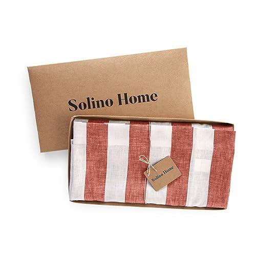 Solino Home 100% Pure Linen Square Table Throw 52x52 in, Red & White