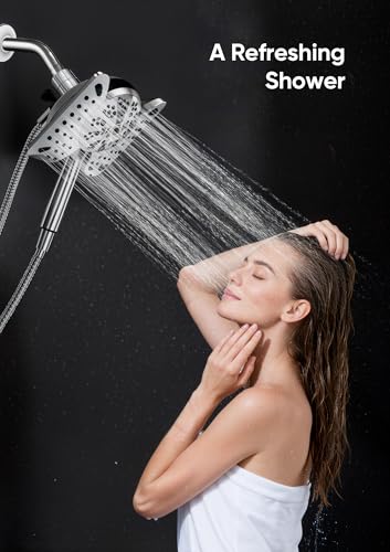 Brushed Chrome Dual Shower Head Set with Handheld & Fixed Rain Shower, 9 Spray Modes, 59" Hose