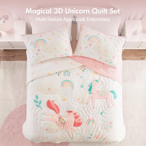Kids Unicorn Pink Quilt Set 3pc Full/Queen Girls Bedding with Whimsical Tassels