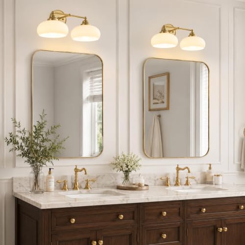 Vintage Milk Glass Wall Sconce - 2 Lights Antique Brass Bathroom Vanity Light - Antique Brass Variation