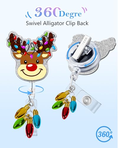 Besoar Christmas Colorful Reindeer Badge Reel Retractable ID Holder with Alligator Clip - Holiday Gift for Nurse, Medical Staff, Students