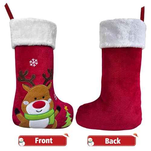 Reindeer Christmas Stocking Animal One Piece, 20 inch Plush Velvet 3D Deer Christmas Stockings with Embroidered Snowflake, Cute Xmas Stockings for Kids Girls Boys (Brown Deer)
