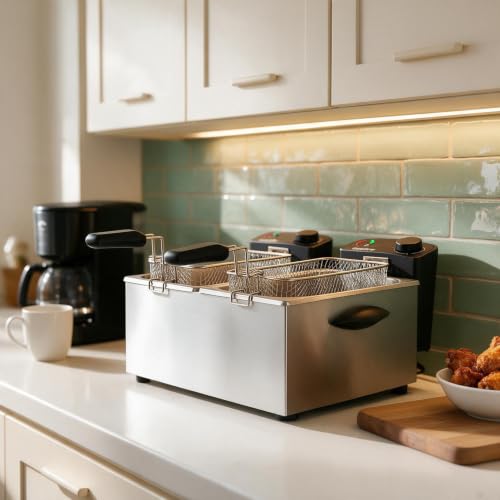 7.4QT Double Deep Fryer with 2 Baskets, 3000W Oil Filtration System