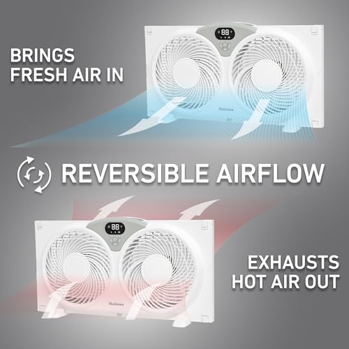 Holmes 9-Inch Digital CleanBreeze Window Fan with Thermostat and Remote - Twin Blade, Reversible, 3 Speeds
