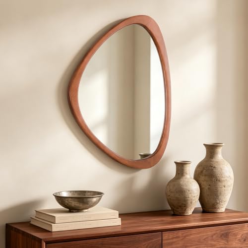 Walnut Asymmetrical Wooden Wall Mirror - Pebble-Shaped Boho Mid Century Decor, 25 x 20 Inches