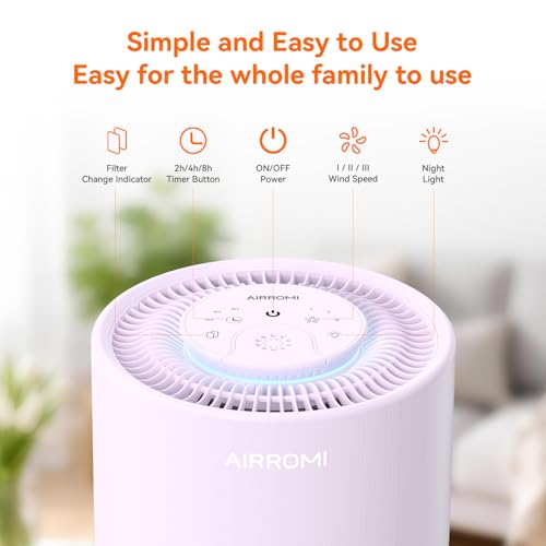 AIRROMI Purple Air Purifier for Bedroom with HEPA 3-in-1 Filter, Covers Up to 990 sq ft, Quiet 360° Air Cleaner for Pets & Allergies