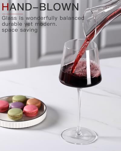 Physkoa Set of 6 Red Wine Glasses - 18oz Hand Blown Modern Square Stemware