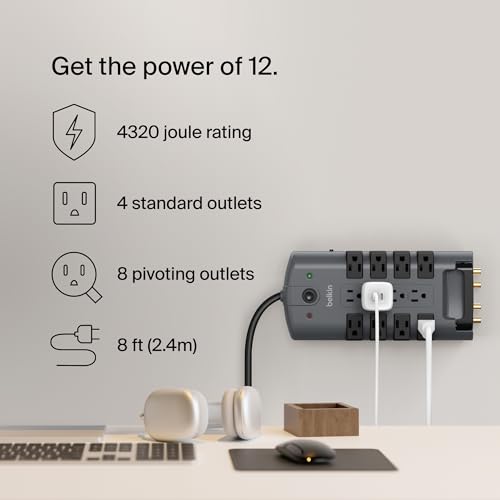 Belkin Surge Protector Power Strip w/ 8 Rotating & 4 Standard Outlets