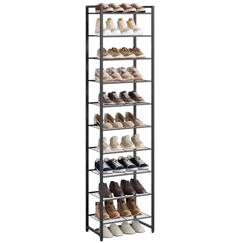 Nunsino Narrow 10-Tier Metal Shoe Rack - Black, Space Saving, Adjustable Storage