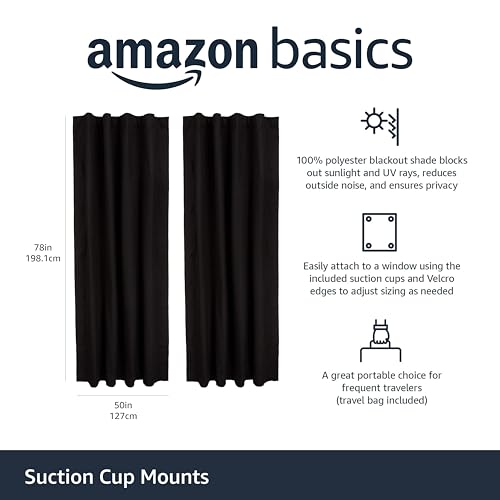 Amazon Basics Portable Blackout Curtain Shade 2-Pack for Windows, Suction Cups, 127x198cm, Black, Variation: Black / 2-Pack