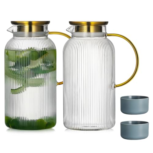 Buaic 2 Pack Glass Pitcher with Lid, 68 oz Clear Borosilicate Serving Carafe with Silicone Base
