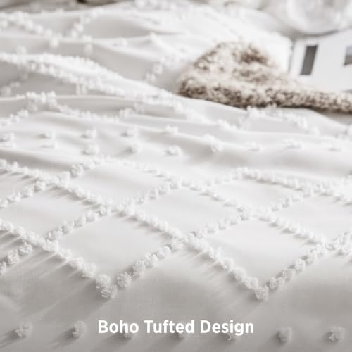 Full Size Boho Tufted White Comforter Set with Embroidered Accents - Farmhouse Style