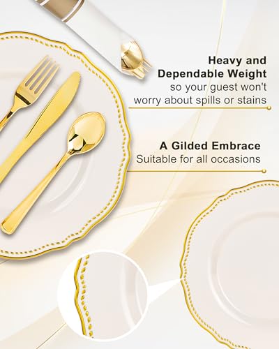 Hioasis Ivory Gold Disposable Plastic Plates Set for Wedding & Party – 350 pcs, 50 Guests, 10-inch & 7-inch Dinner & Dessert Plates