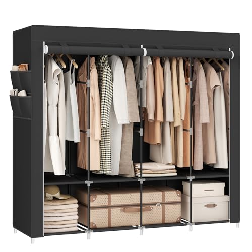 Portable Closet with Cover - 4 Tiers, 66.9" Length, Ink Black, 4 Hanging Rods & Shelves