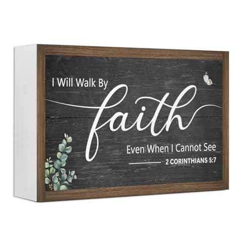 I Will Walk By Faith Wooden Box Sign Decor,2 Corinthians 5:7 Scripture Religious 10.3x6 Inches Wood Block Prayer Sign for Christian Home Office Shelf Wall Decor