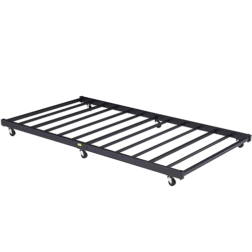 Classic Black Twin Trundle Bed Frame with Lockable Casters - Space-Saving Metal Slats Support